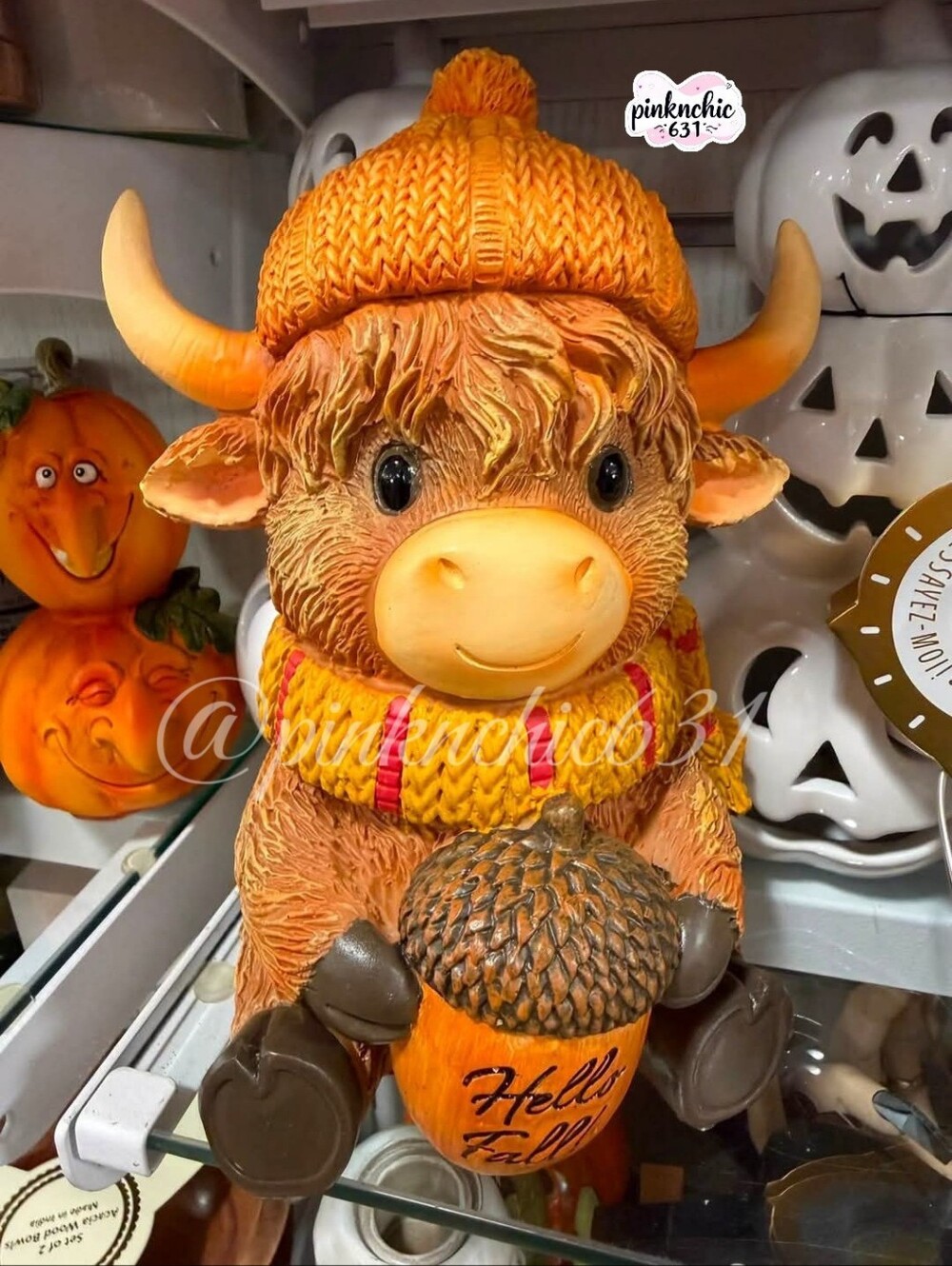 West Highland Cow Hello Fall Acorn Beanie Hat And Scarf Collectible Figurine